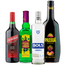 Pisang Ambon, Passoã, Bols vodka
fles à 700 ml
of Coebergh fles à 1000 ml